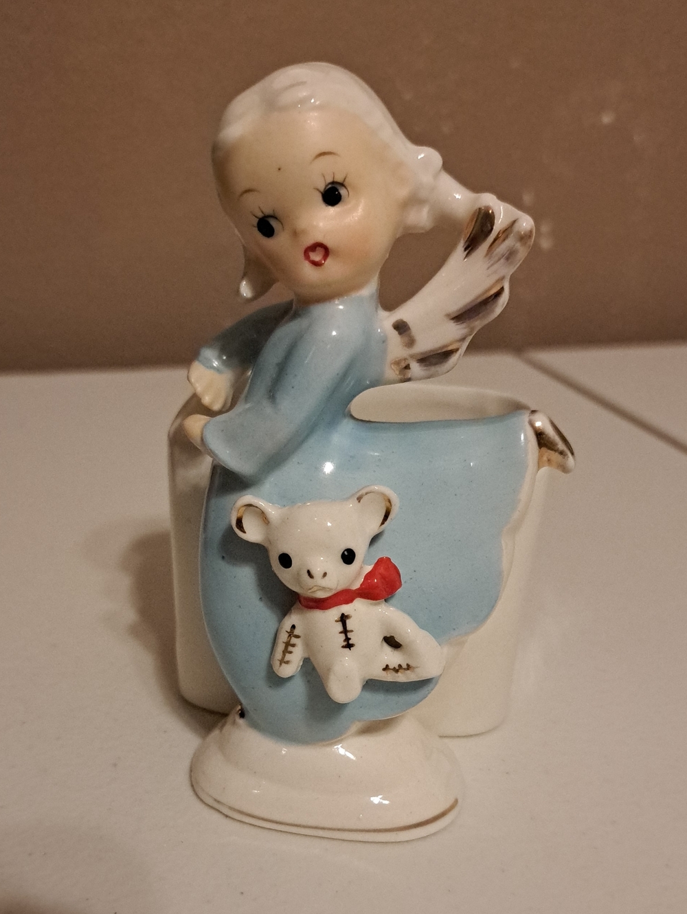 Vintage Blue Ceramic Dancing Angel Figurine Planter with Teddy Accent